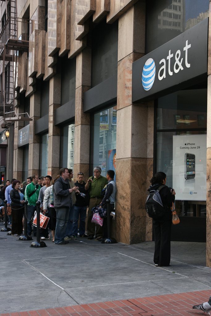 Buyers queue outside an AT&T store in San Francisco on 29 June 2007, launch day