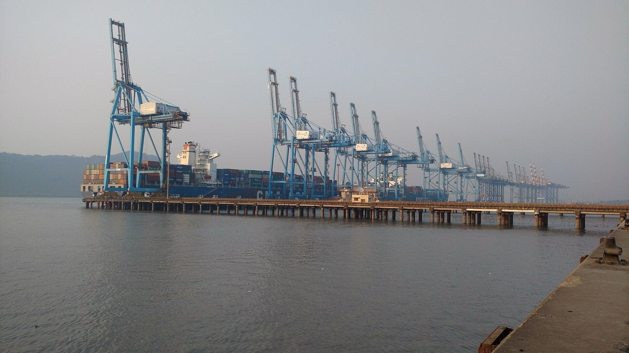 Container cranes at Jawaharlal Nehru Port near Mumbai in 2017, India’s busiest container gateway