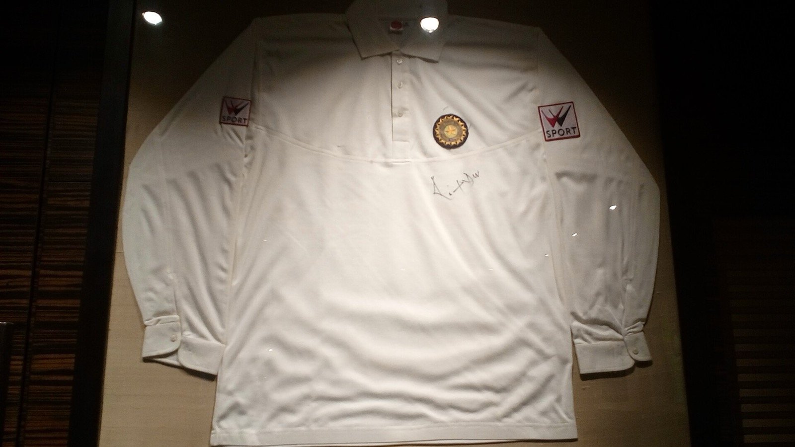 A signed Kapil Dev India shirt on display at the Blades of Glory Cricket Museum in Pune (a later-era shirt