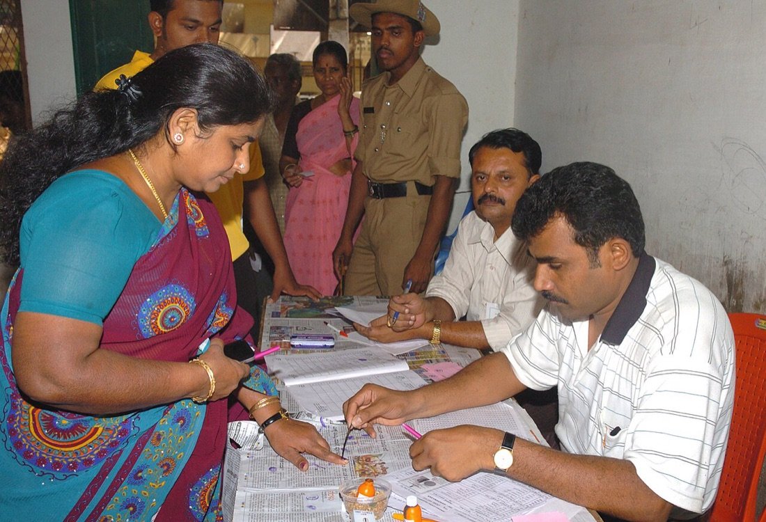 A voter is inked at a polling booth in Karnataka on 10 May 2008
