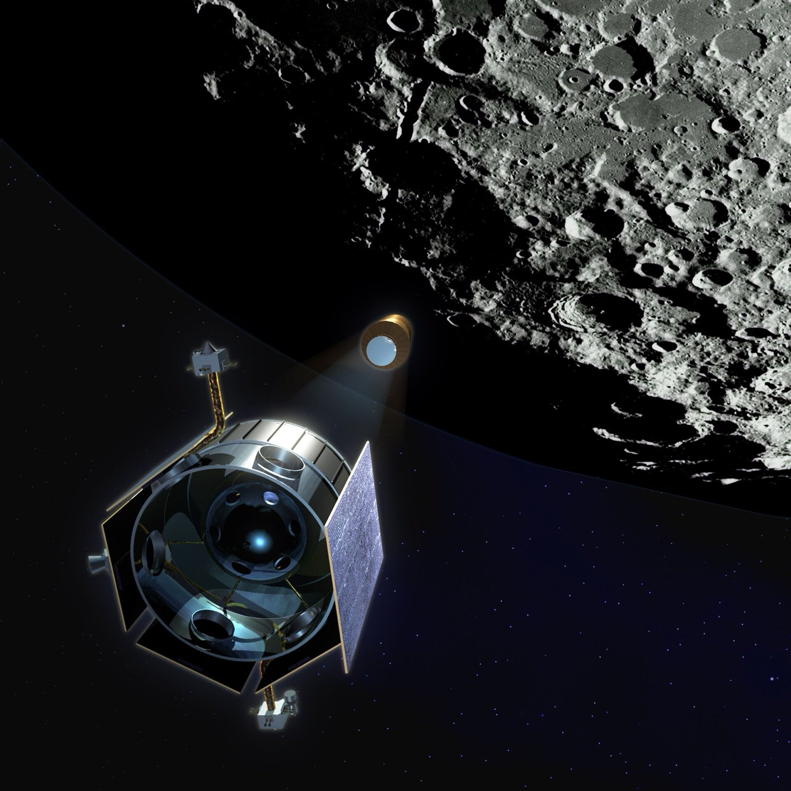 Artist’s impression of NASA’s LCROSS spacecraft approaching the Moon before the October 2009 impact