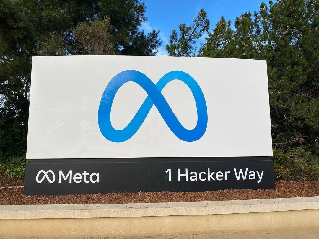 The sign at Meta’s headquarters at 1 Hacker Way, Menlo Park, in 2022