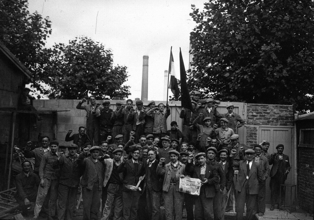 Striking metalworkers occupy a factory in the Paris suburbs in June 1936,
