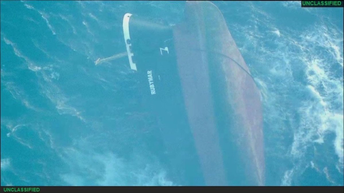 The cargo ship Rubymar going down in the Red Sea on 2 March 2024, the first vessel sunk in the Houthi campaign
