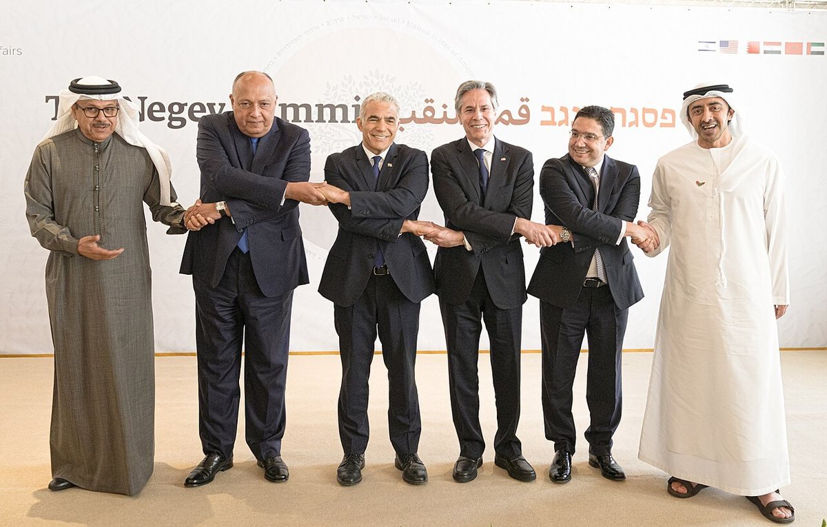 Foreign ministers of Bahrain, Egypt, Israel, the United States, Morocco and the UAE at the Negev Summit in Sde Boker, 28 March 2022