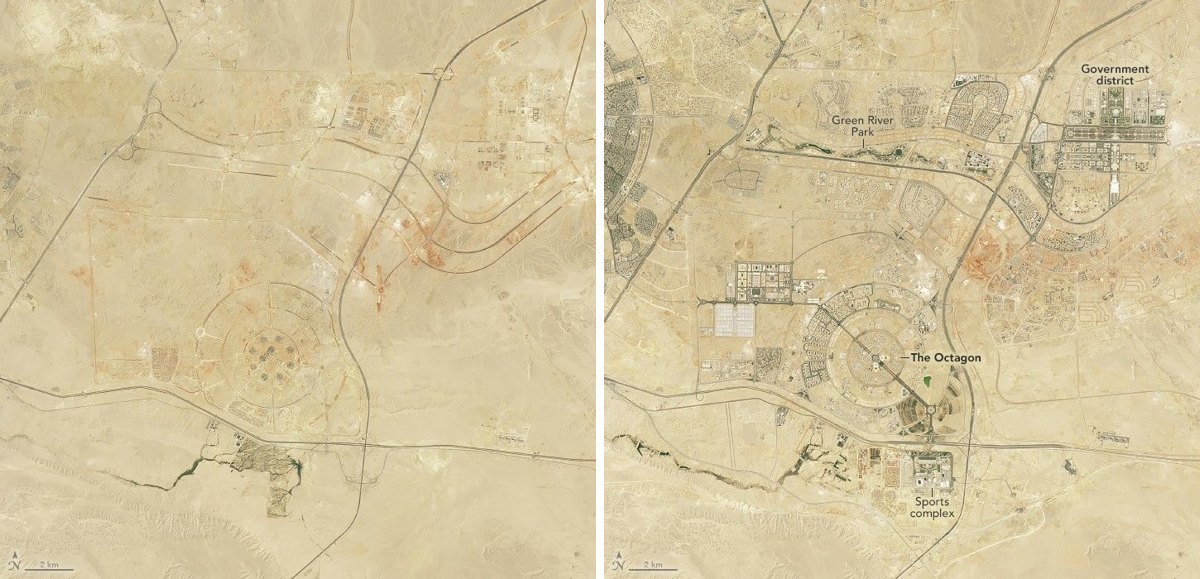 NASA Landsat images of the same patch of desert on 14 August 2017 (left) and 9 August 2024 (right)