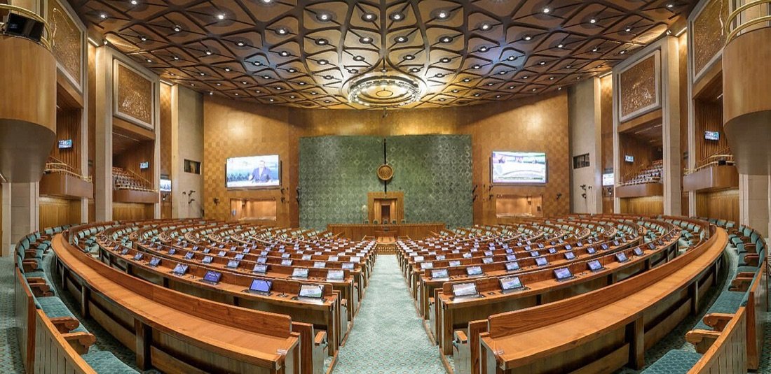 The Lok Sabha chamber in the new Parliament building, opened in May 2023 with seats for 888 members, far more than the current 543