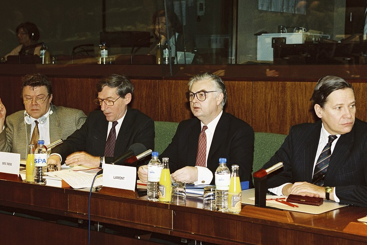 Chancellor Norman Lamont (second from right) at a European Parliament economic and monetary affairs committee meeting in 1992