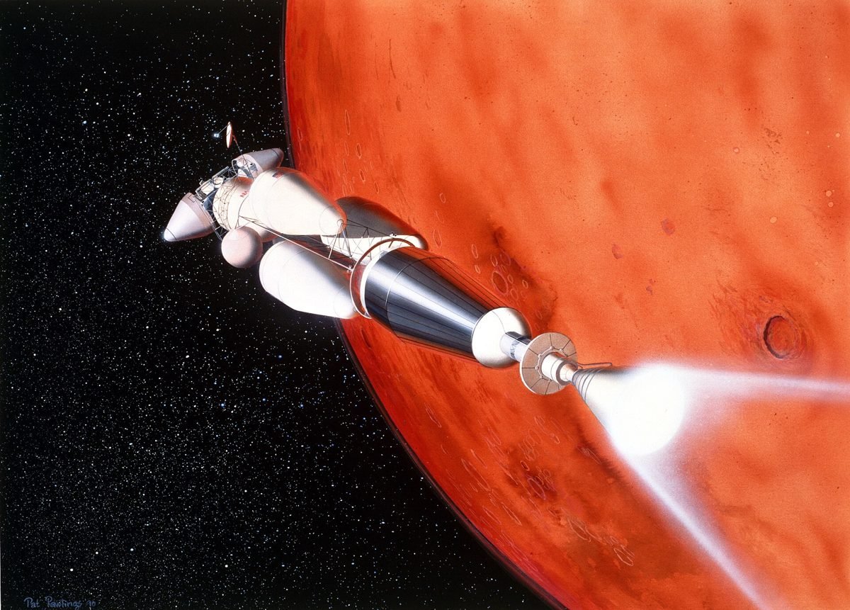 A 1990s NASA concept of a nuclear thermal rocket braking into orbit around Mars