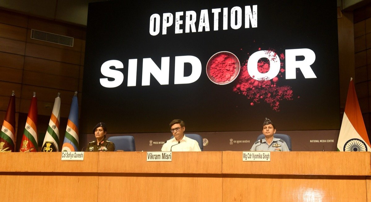 Foreign Secretary Vikram Misri briefs the media on Operation Sindoor with Colonel Sofiya Qureshi and Wing Commander Vyomika Singh at the National Media Centre