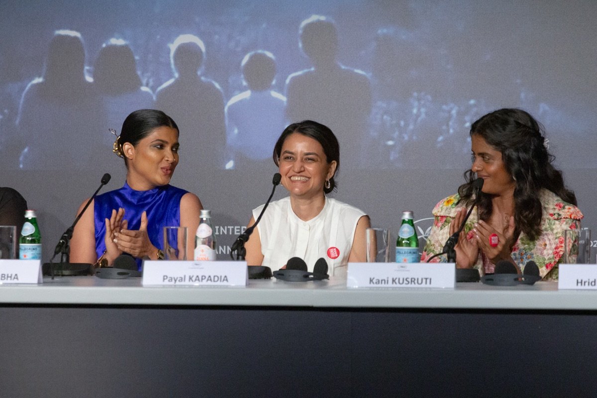 Divya Prabha, director Payal Kapadia and Kani Kusruti at the All We Imagine as Light press conference, Cannes, May 2024