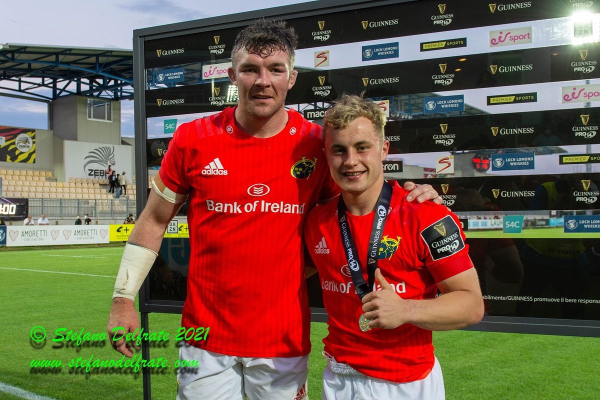 O’Mahony with Munster scrum-half Craig Casey after the Rainbow Cup match in Parma