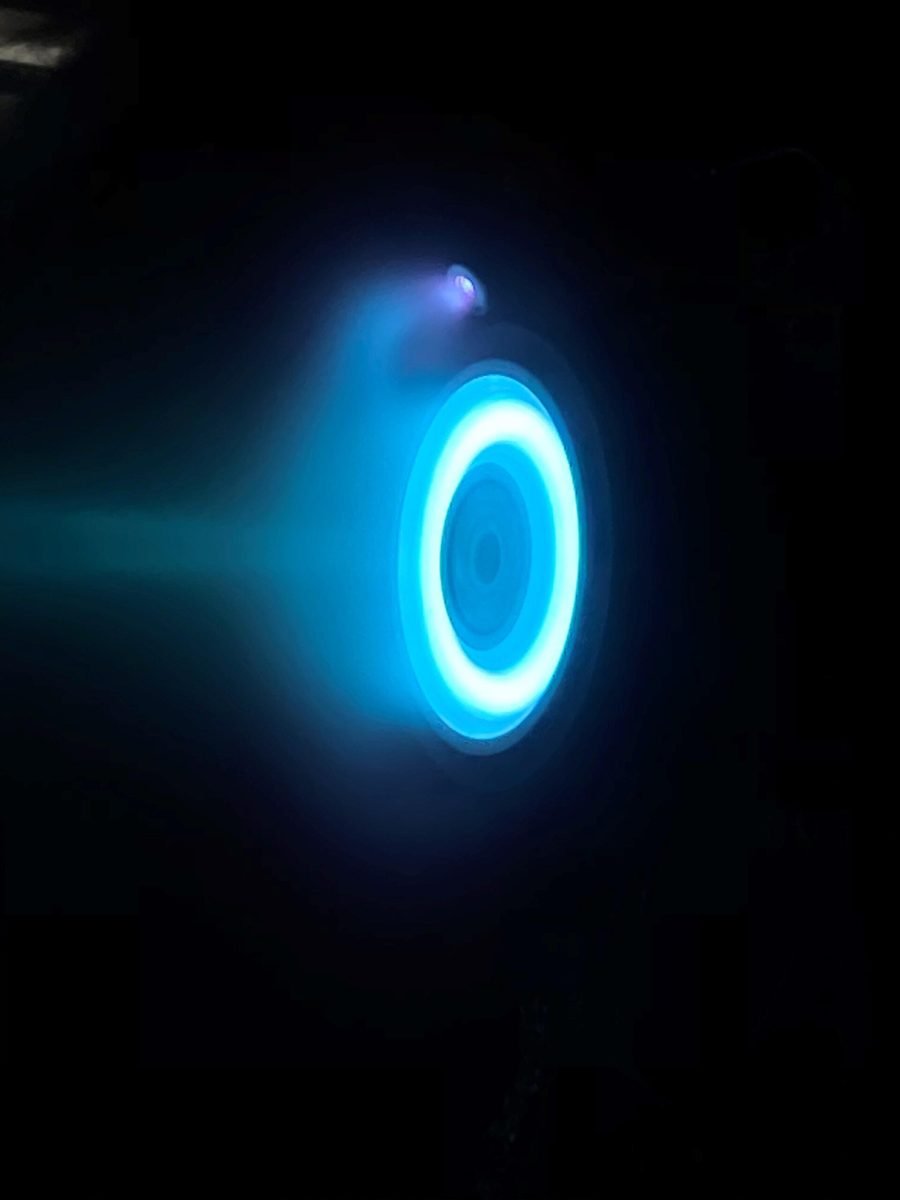 A Hall-effect thruster for NASA’s Psyche mission fires at JPL. SR-1 Freedom will use larger