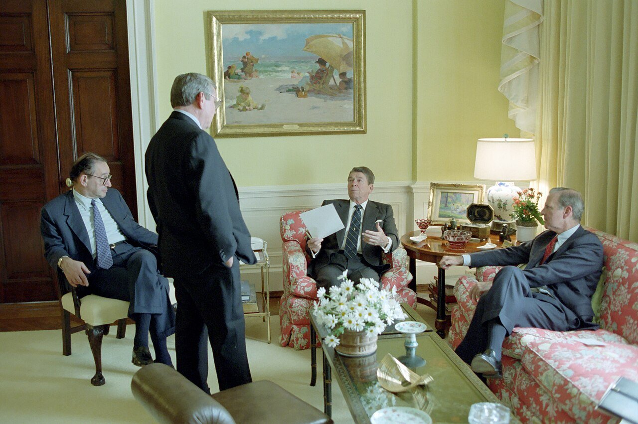 President Reagan at an economic meeting with Alan Greenspan, chief of staff Howard Baker and Treasury Secretary James Baker on 20 October 1987, the day after the crash