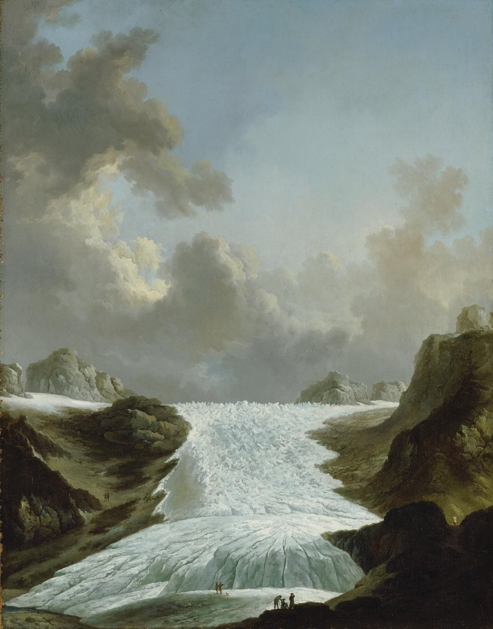 The Rhône Glacier painted by Johann Heinrich Wüest around 1775, during the Little Ice Age, when its tongue reached the valley floor