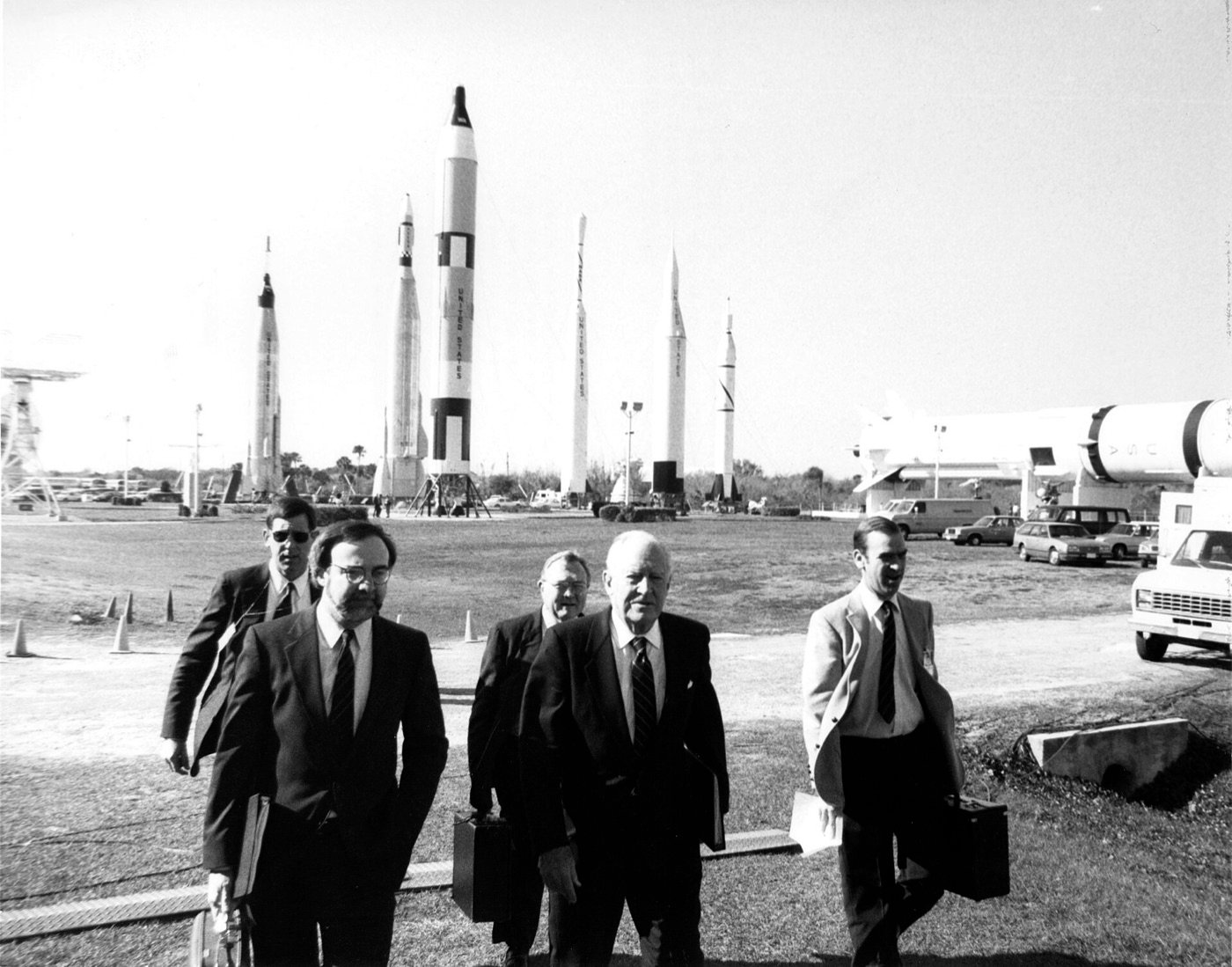 Members of the presidential commission on the Challenger accident arriving at Kennedy Space Center