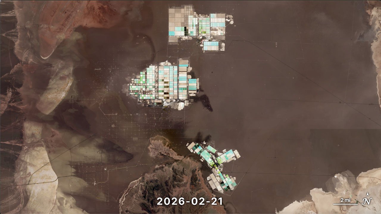 Lithium evaporation ponds in Chile’s Salar de Atacama, February 2026