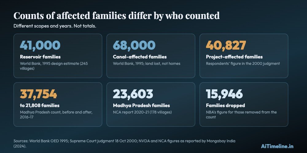 Tiles: World Bank 1995 estimate of about 41,000 reservoir families and 68,000 canal families; 2000 judgment 40,827 project-affected families; Madhya Pradesh 2016-17 count falling from 37,754 to 21,808; NCA 2020-21 count of 23,603.