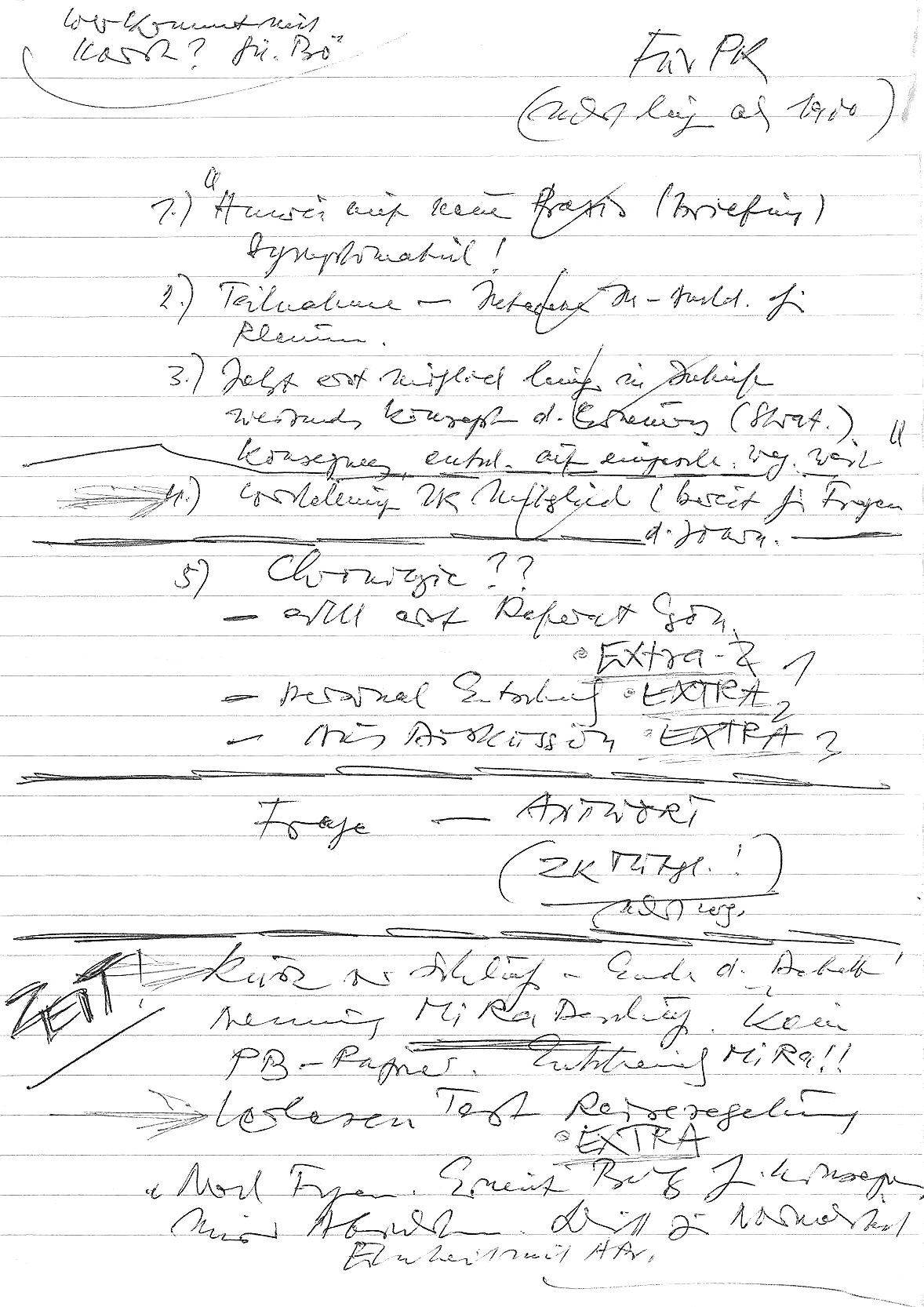 Handwritten note on lined paper with numbered points and the words Für PK at the top, the sheet Günter Schabowski used at the press conference on 9 November 1989