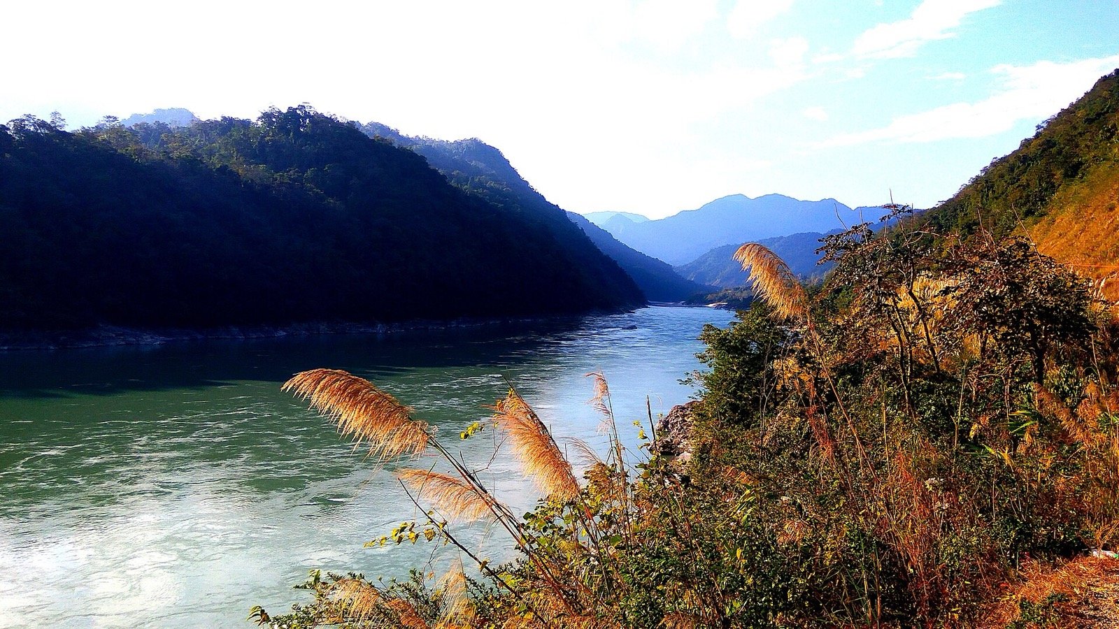 The Siang river flowing between forested hills in Arunachal Pradesh with golden grass in the foreground