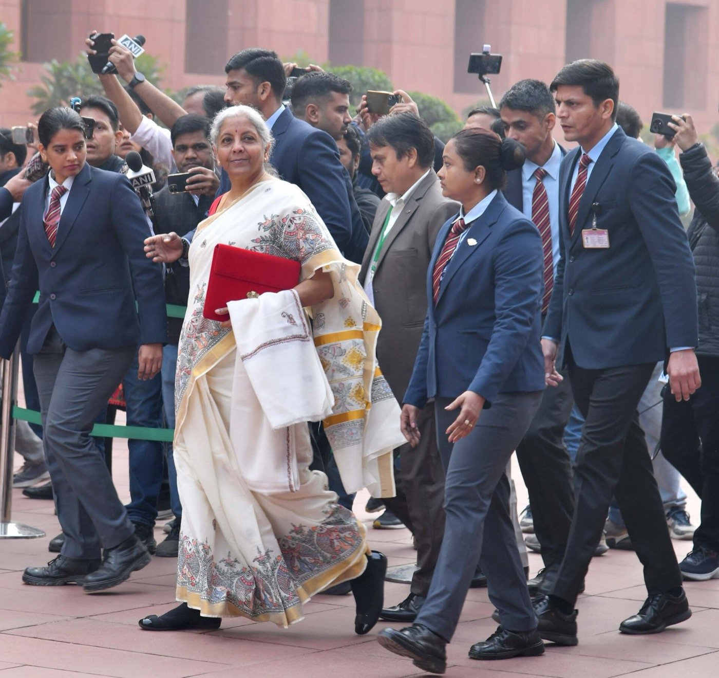 Nirmala Sitharaman arrives at Parliament to present the 2025–26 Budget on 1 February 2025