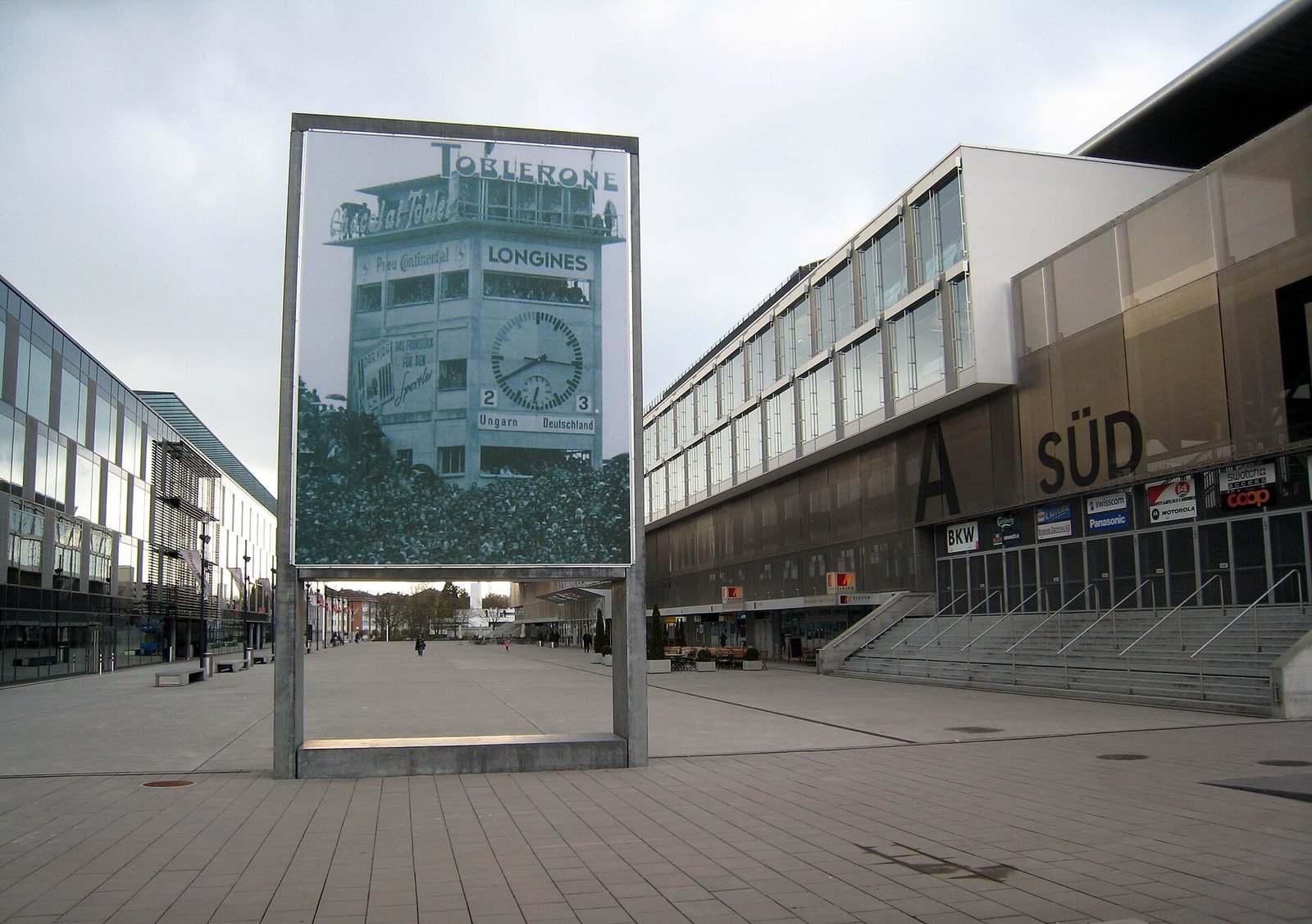 Outside the rebuilt Wankdorf Stadium in Bern