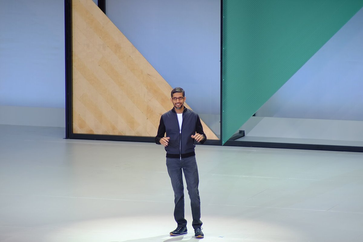Sundar Pichai on the Google I/O keynote stage, pictured in 2017
