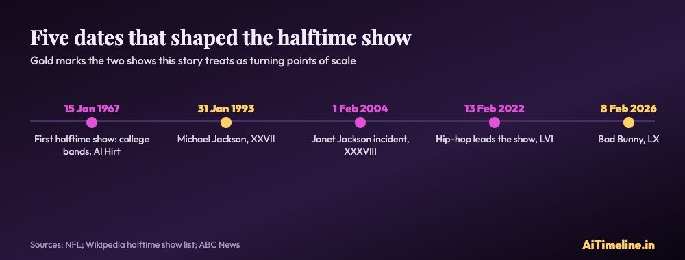 Timeline strip of five halftime turning points: first show 15 January 1967, Michael Jackson 31 January 1993, Janet Jackson incident 1 February 2004, hip-hop show 13 February 2022 and Bad Bunny 8 February 2026.