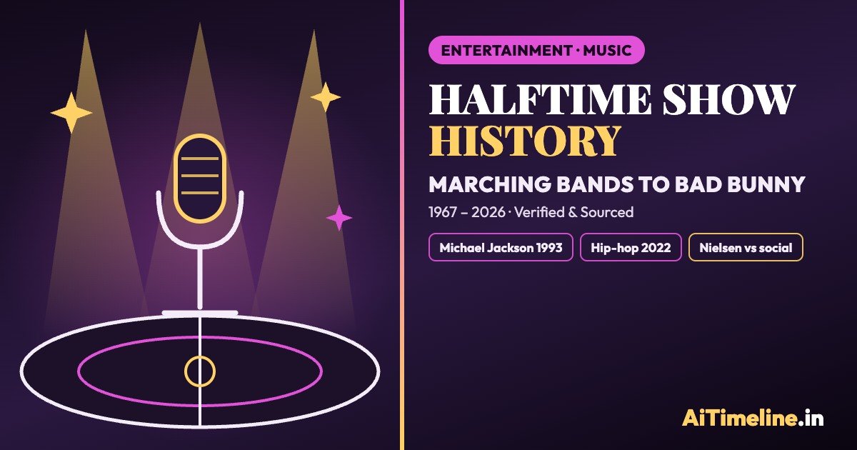 Super Bowl halftime show history cover: stage spotlights over a football field with a microphone, covering marching bands in 1967 to Bad Bunny in 2026.