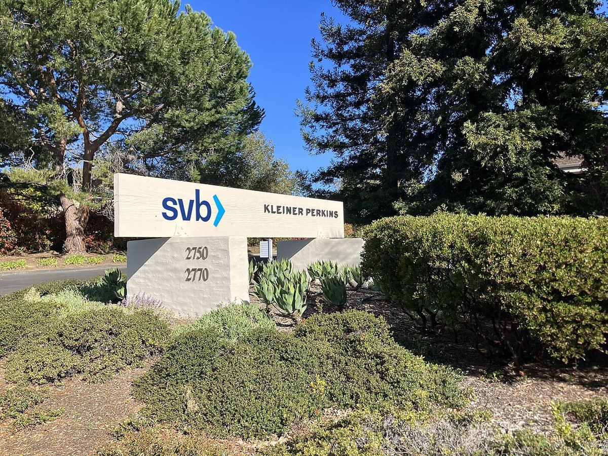 An SVB office sign in Menlo Park, California, in April 2023