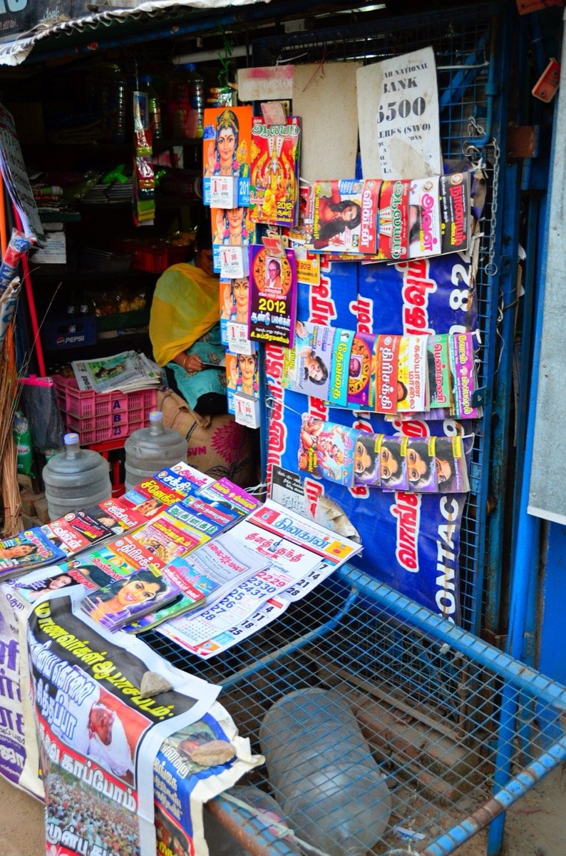 A roadside newspaper and magazine stall in Tamil Nadu, December 2011