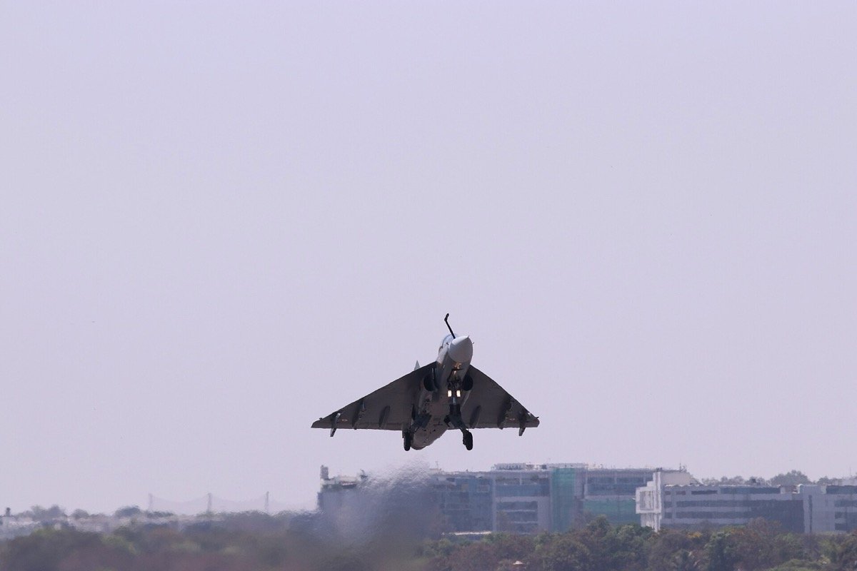 LA5033, the first Tejas Mk1A, takes off from HAL in Bengaluru on its 18-minute first flight on 28 March 2024