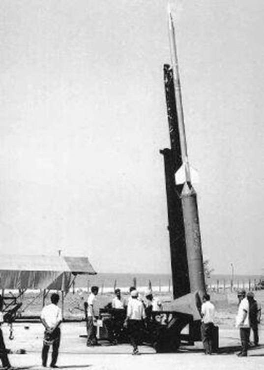 A Nike-Apache sounding rocket being readied on its launcher at Thumba in 1963