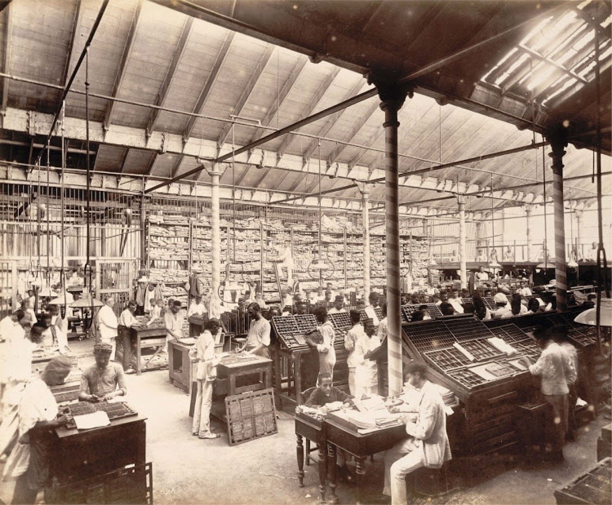 Hand compositors setting metal type in The Times of India office, Bombay, November 1898