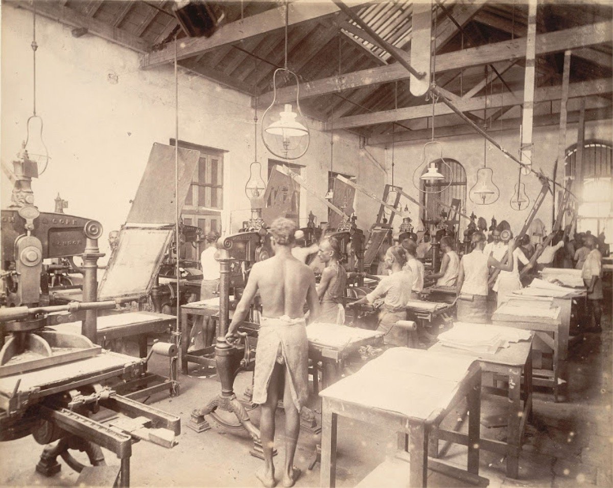 The press room of The Times of India office in Bombay, photographed for the Diamond Jubilee album, November 1898