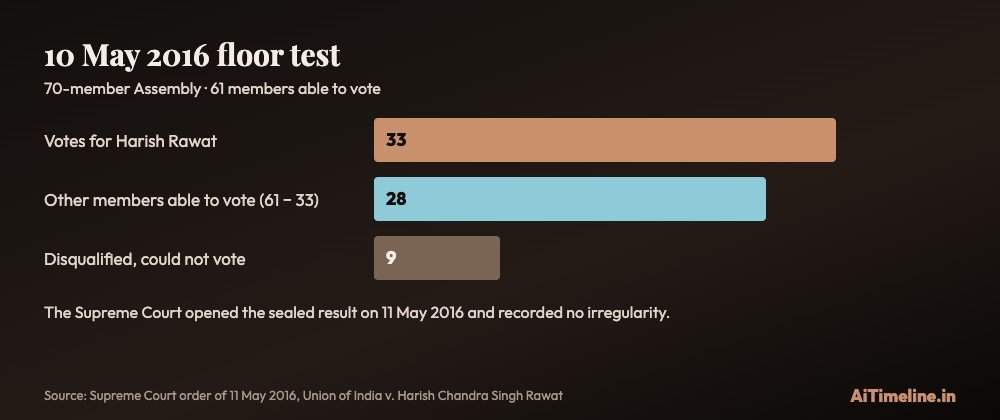 Bar chart of the 10 May 2016 floor test: 33 votes for Harish Rawat out of 61 votes counted, 28 other members, and 9 disqualified members who could not vote.