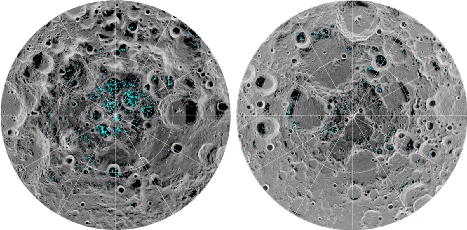 Surface water ice (blue) at the Moon’s south pole (left) and north pole (right)